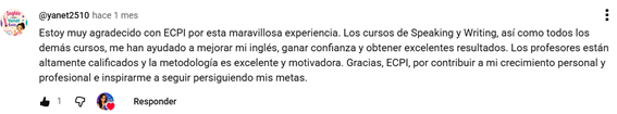 Comentario en YouTube de @yanet2510 agradeciendo a ECPI por los cursos de Speaking y Writing