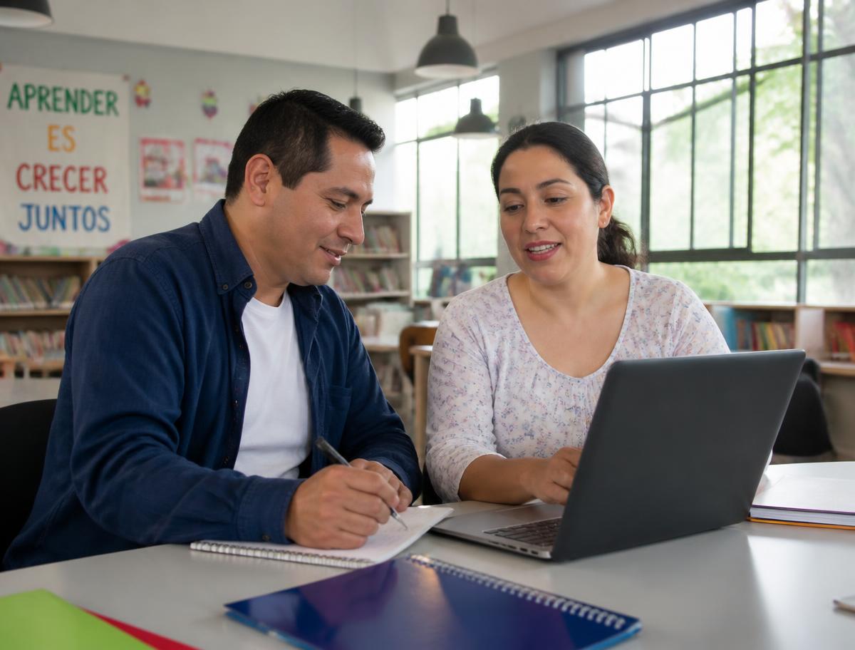 Dos docentes trabajando juntos con una laptop en un espacio de aprendizaje